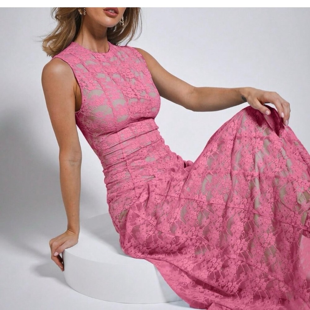 Pink Elegant Women's Lace Sleeveless Midi Dress